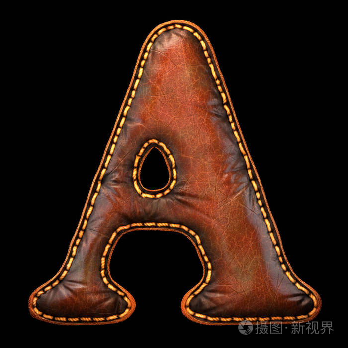 皮革字母a大写在黑色背景上隔离皮肤纹理的3d渲染字体