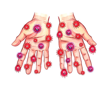 冠状病毒卡通手上有细菌照片