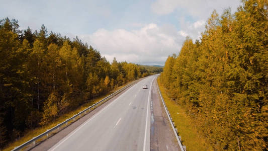 林间美丽公路的俯视图。库存镜头。秋天穿过林区的美丽道路。美丽森林景观之旅