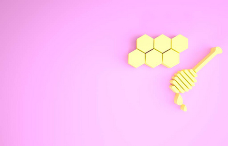 黄色蜂巢与蜂蜜杓分离的粉红色背景。蜂蜜勺。蜂蜜细胞符号。天然甜食。极简主义概念。三维插图三维渲染