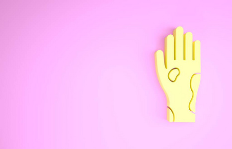 黄色手与牛皮癣或湿疹图标隔离粉红色背景。人体皮肤对过敏原或慢性身体问题的反应。极简主义概念。三维插图三维渲染