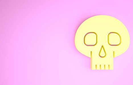 粉红色背景上孤立的黄色骷髅图标。极简主义概念。三维插图三维渲染