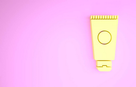 黄色乳霜或乳液化妆管图标隔离在粉红色背景上。男士身体护理产品。极简主义概念。三维插图三维渲染