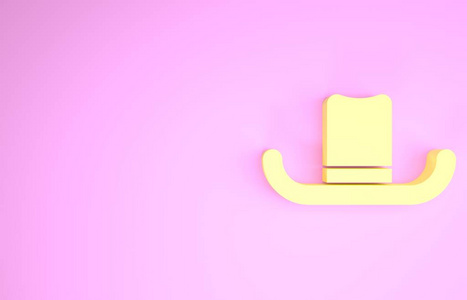 粉红色背景上带有丝带图标的黄色男帽。极简主义概念。三维插图三维渲染
