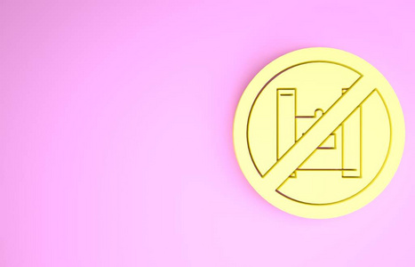 黄色对塑料袋说不海报图标隔离在粉红色背景上。一次性玻璃纸和聚乙烯包装禁止标志。极简主义概念。三维插图三维渲染