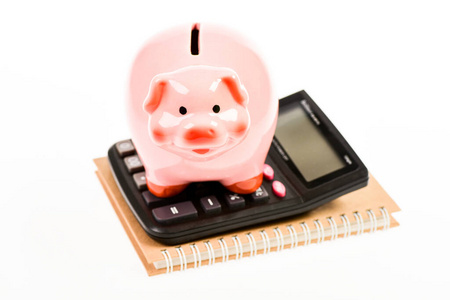 会计业务。存钱罐是储蓄的象征。会计服务。会计软件。财务和投资。小猪和粉红的计算器。会计和家庭预算