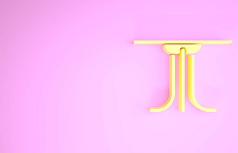 黄色圆桌图标隔离在粉红色背景上。极简主义概念。三维插图三维渲染