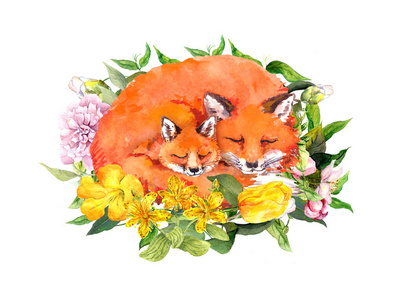 母亲节贺卡。睡狐狸妈妈和孩子。为妈妈画的水彩，花朵中拥抱动物。