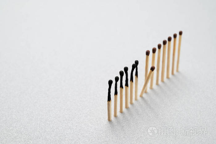 在灰色背景上烧过和没烧过的火柴一根火柴被绝缘以防止燃烧