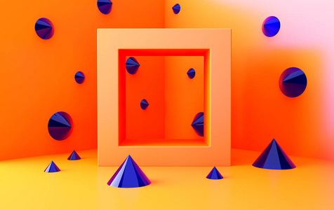 橙色抽象几何图形组集，最小抽象背景，三维渲染，具有几何形式的场景
