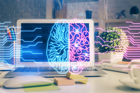 用计算机和人脑绘制全息图对工作空间进行双重曝光。头脑风暴概念。