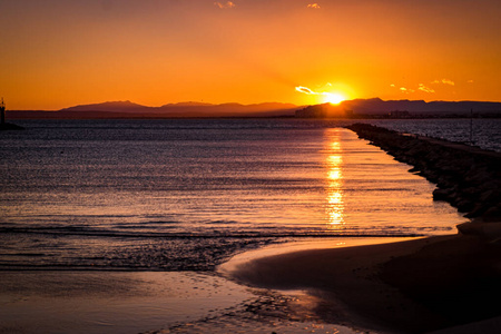 黎明 太阳 西班牙 夏天 傍晚 海湾 海岸线 海景 颜色