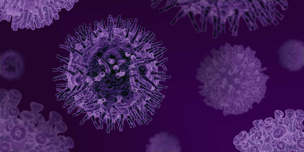 COVID19流行病。紫色背景下的冠状病毒细胞的显微视图，空白插图。展开图
