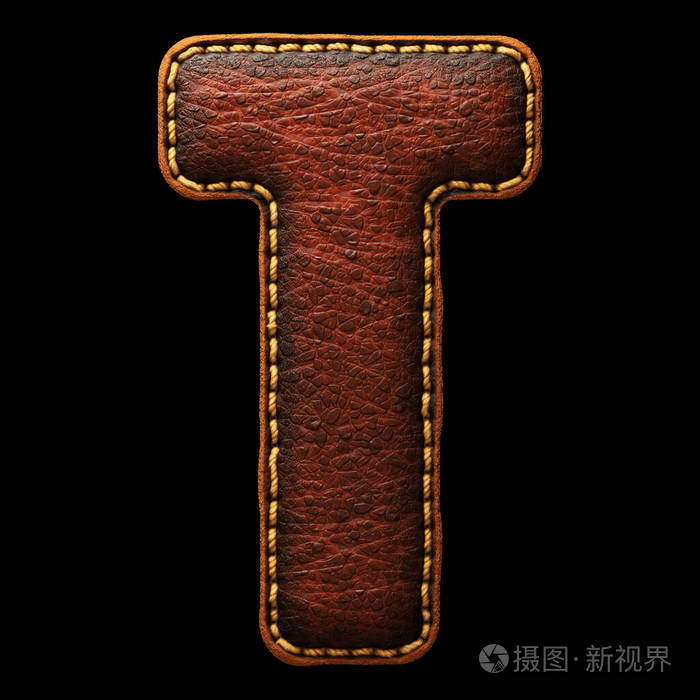 皮革字母t大写黑色背景上具有皮肤纹理的3d渲染字体