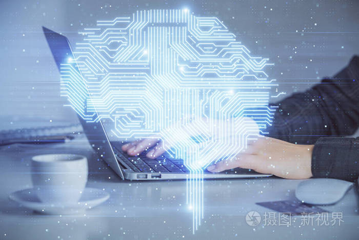 电脑和人脑全息图绘制中女性手的多次曝光人工智能技术概念
