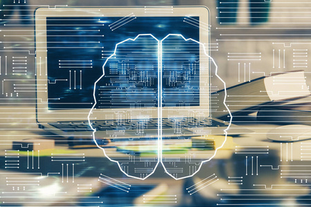 用计算机和人脑绘制全息图对工作空间进行双重曝光。头脑风暴概念。