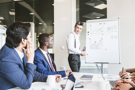 公司领导站在挂图旁边.在办公室里一起工作和交流的年轻商人团队.