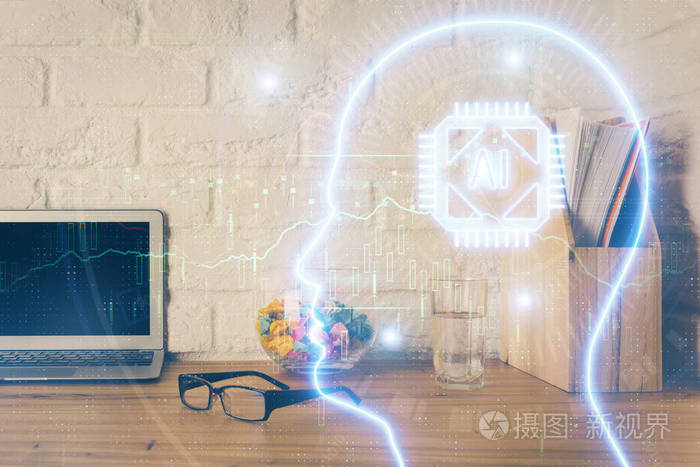 桌面电脑与人脑绘制全息图的双重曝光人工智能概念
