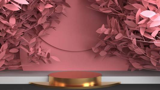 几何粉色抽象背景与花朵和讲台。产品促销的极简背景设计。三维渲染