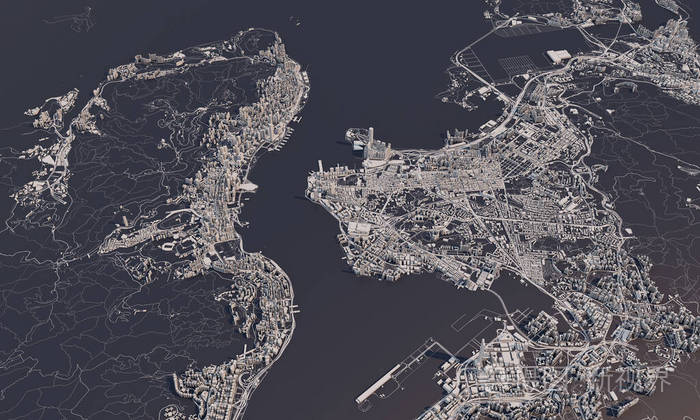 香港城市地图三维绘制航空卫星视图