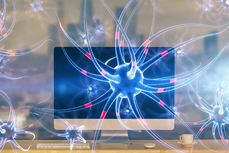 桌面电脑背景和神经元绘图。双重曝光。教育理念。