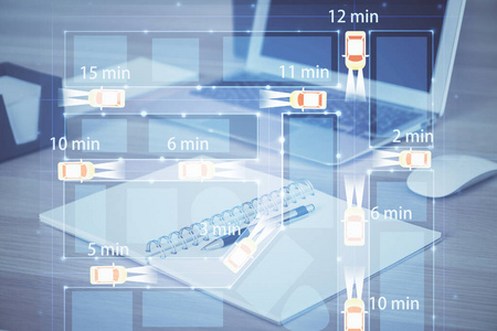 办公室桌面电脑背景与汽车全息图绘制。多重曝光。技术概念。