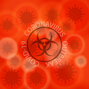 红色背景上的新型冠状病毒标志和生物危害标志。2019冠状病毒疾病
