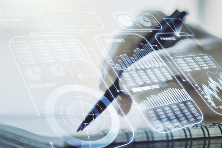 两次曝光抽象创造性统计数据全息图与女性手写记事本背景,分析和预测