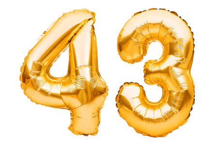 43号43号由金色充气气球制成，白色隔离。氦气球，金箔数字。派对装饰，节日庆典生日狂欢节的周年纪念标志