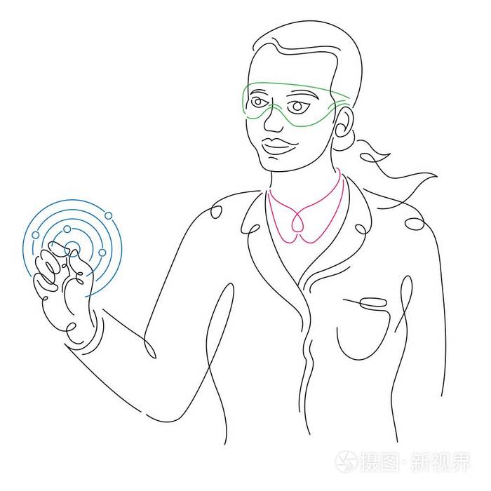 女科学家物理学家手里拿着一个新的元素原子模型