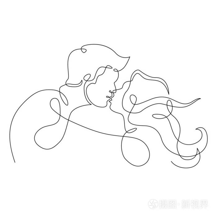 连续的单画线艺术涂鸦爱情侣吻