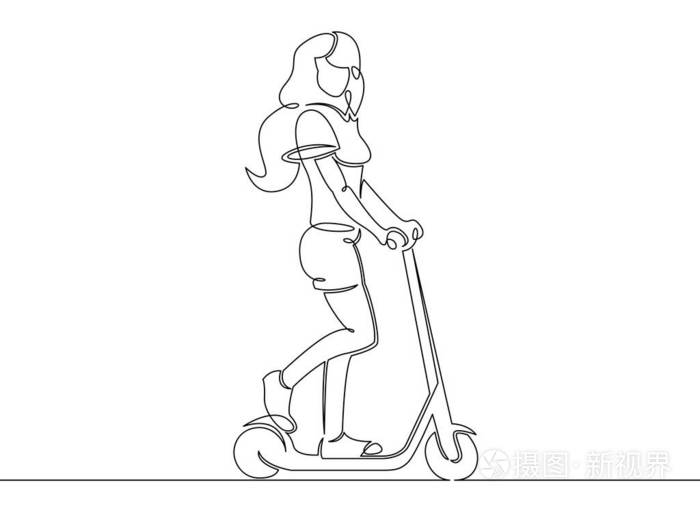 连续单画线艺术涂鸦女孩滑板车