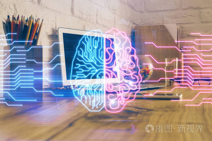 桌面电脑与人脑绘制全息图的双重曝光人工智能概念