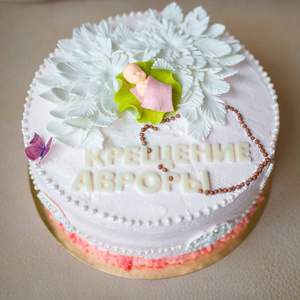 庆祝 玫瑰 粉红色 美味的 奶油 甜点 洗礼 蛋糕 美丽的
