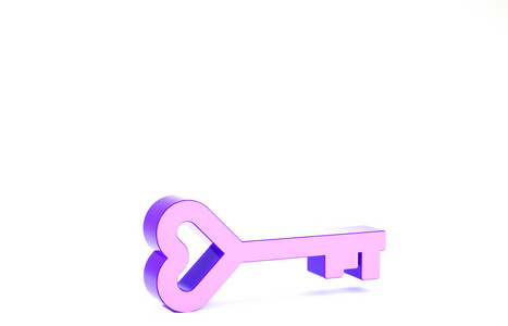 白色背景上孤立的心形图标中的紫色键。情人节符号。极简主义概念。三维插图三维渲染