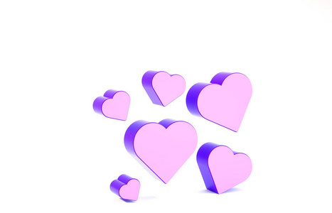 白色背景上孤立的紫色心形图标。浪漫的象征联系，加入，激情和婚礼。情人节的象征。极简主义概念。三维插图三维渲染