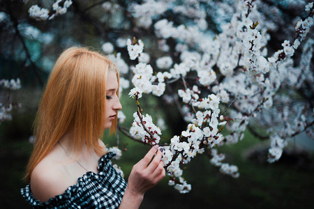 美丽的年轻金发女孩在花丛中