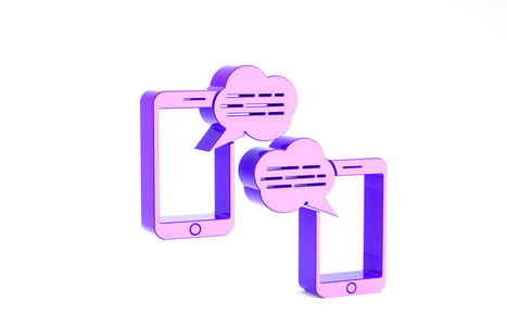 紫色新的聊天信息通知电话图标隔离在白色背景上。智能手机聊天短信语音泡泡。极简主义概念。三维插图三维渲染