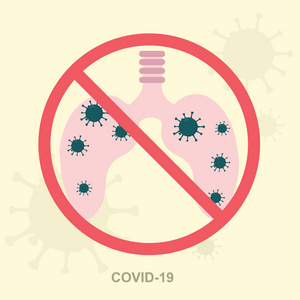 COVID19危害。在彩色背景上有病毒细胞交叉的肺部，插图