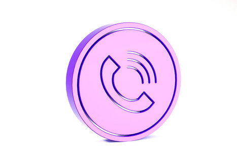 白色背景上隔离的紫色电话图标。极简主义概念。三维插图三维渲染