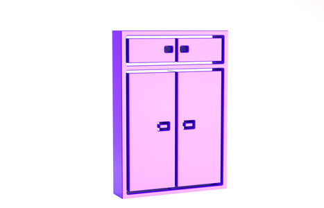 白色背景上独立的紫色衣柜图标。极简主义概念。三维插图三维渲染