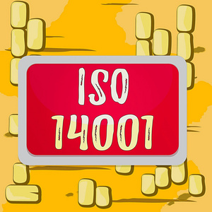 文字书写文本Iso 14001。企业理念为一系列与环境管理板相关的标准矩形白框空白空间固定彩色表面板材。