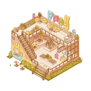 等距卡通咖啡厅内部.手绘的.照片