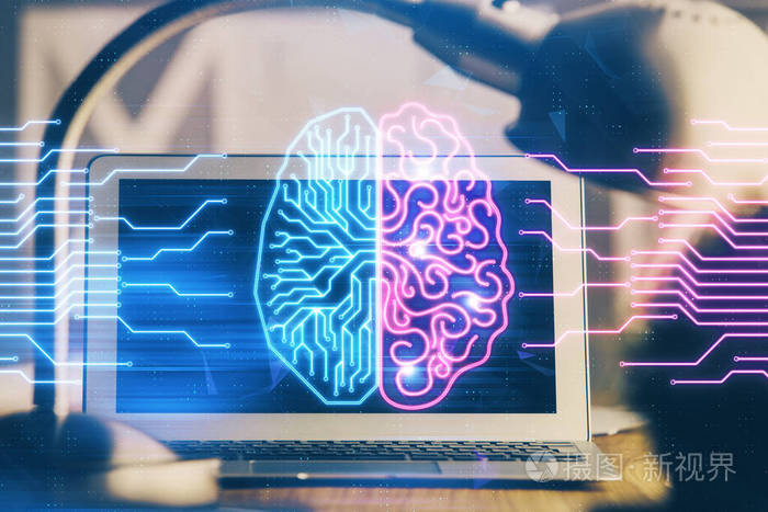 桌面电脑与人脑绘制全息图的双重曝光人工智能概念