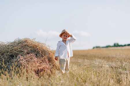 夏天 休息 自然 男孩 帽子 家庭 冒险 小孩 小麦 颜色