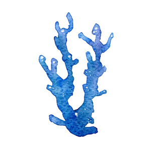 白色背景上蓝色珊瑚礁的水彩画插图。手绘在纸上。