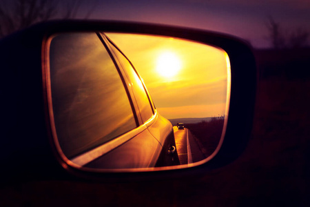 后视图 日落 车辆 镜子 日晷 沥青 黄昏 旅行 开车 暮光