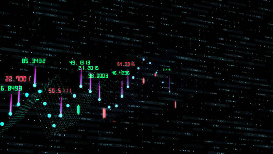 显示利润稳步增长的财务图表和数据增长图表和流动的数字计数器，以抽象的三维呈现为商业概念，数字趋势数据和股票