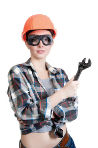 修理 工具 微笑 肖像 美丽的 女孩 螺丝钉 水暖工 职业