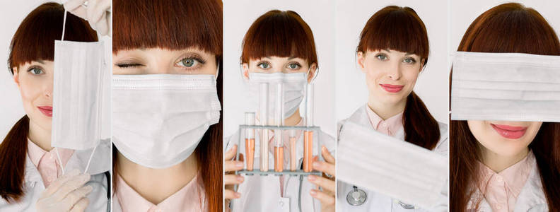 由年轻女医生护士实验室技术员的脸组成的拼贴，不同姿势戴防护面罩，戴医用面罩，眨眼，拿着一套玻璃试管